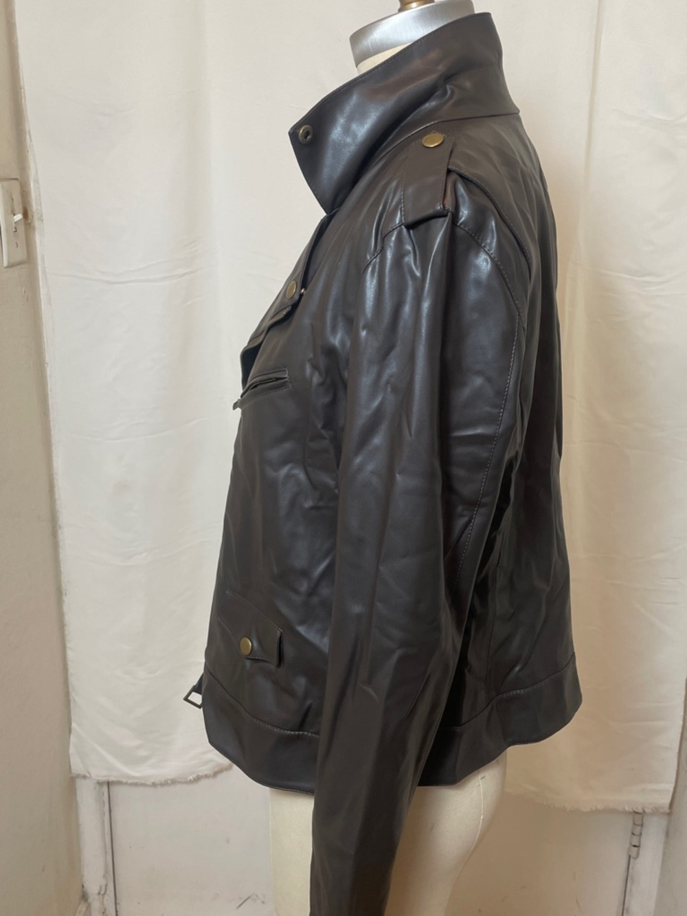 Brown Leather Moto Jacket with Asymmetrical Zip - Picture 7 of 13